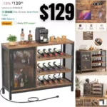 Wine Bar Cabinet with Power Outlets, Industrial Coffee Bar Cabinet for Liquor and Glasses