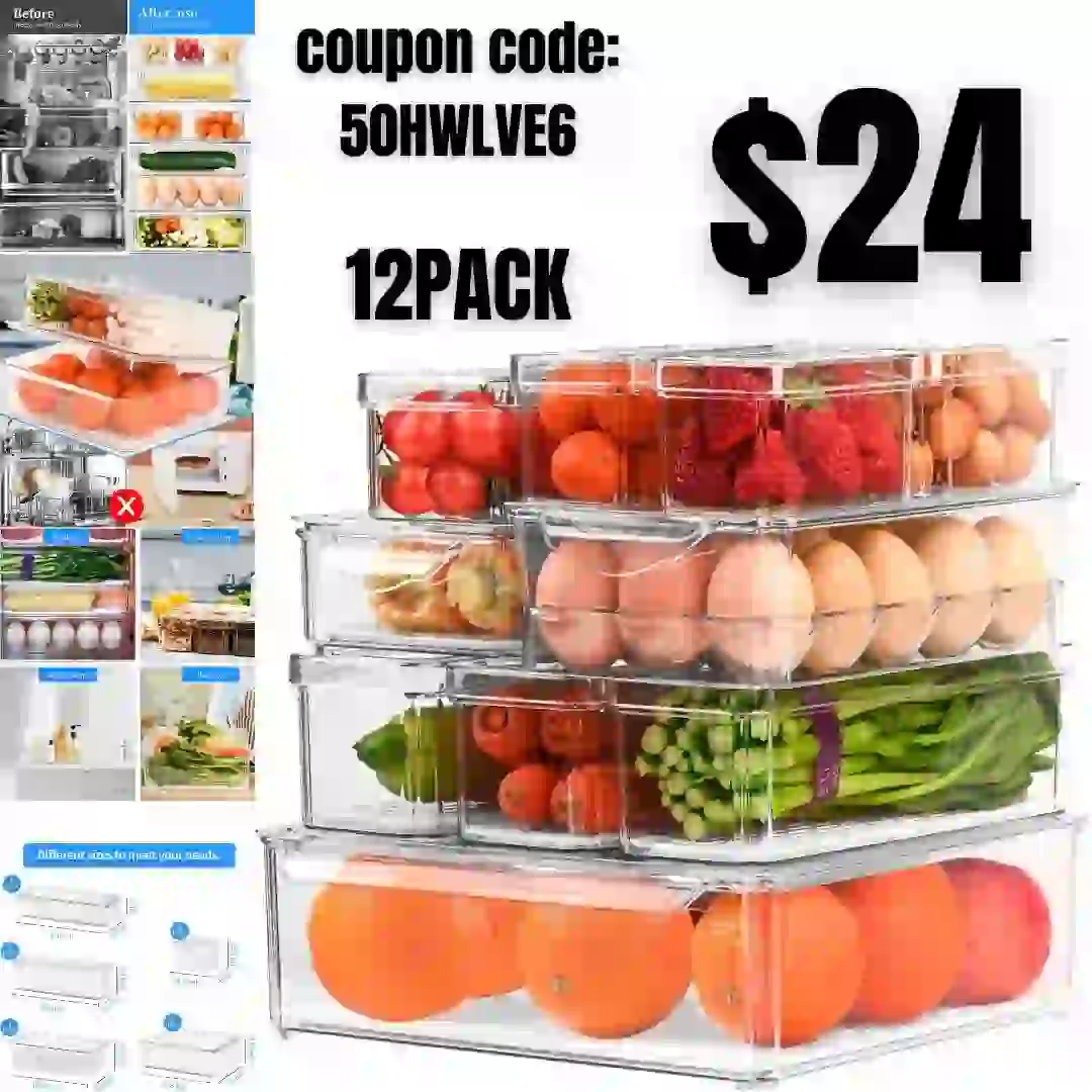 12-pack Stackable Fridge Organizer with 5 liners, Refrigerator Organizer Bins with Lids