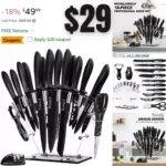 18pc Kitchen Knife Set with Block, Super Sharp Black Knife Set, Versatile Chef Knife Set with Knife Sharpener