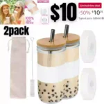 2 Pack Reusable Boba Cup Bubble Tea Cup, 24 oz Boba Cups and Lids and Straw