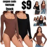 2 Piece Bodysuits Sexy Ribbed Bodysuits, One Piece Square Neck Long Sleeve