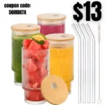 4-Pack Vintage Glass Comes With Straws And Bamboo Lids