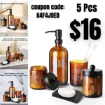 Bathroom Accessories Set – Complete 5 Pcs with Amber Glass Soap Dispenser, Soap and Toothbrush Holder, Qtip and Cotton Ball Holder