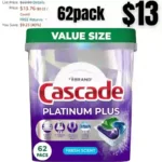 Cascade Platinum Plus ActionPacs Dishwasher Detergent Pods, Fresh, 62 Count