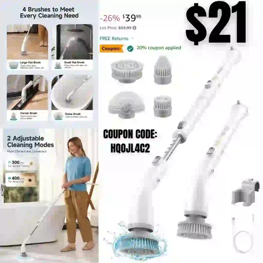 Electric Spin Scrubber HS1, Cordless Shower Scrubber for Cleaning with 4 Replaceable Brush Heads