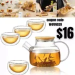 Glass Teapot with Bamboo Lid Stovetop Safe and 4 pack Double Walled Glass Teacups