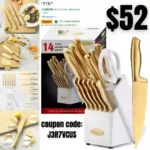 Gold Knife Set – Marco Almond Knife Block Set MA21,Titanium Coated 14 Pieces Stainless Steel