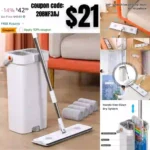 Large Flat Mop and Bucket System with Long Handle, Hands Free Mops for Floor Cleaning, 4 Reusable Microfiber Pads Supplied