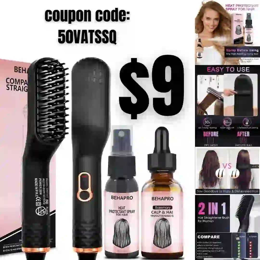 Portable Hair Straightener Brush,Straightening Brush Comb wHeat Protectant Spray