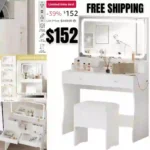 Vanity Desk Set with LED Lighted Mirror & Power Outlet, Makeup Vanity Table with 4 Drawers,Storage Bench