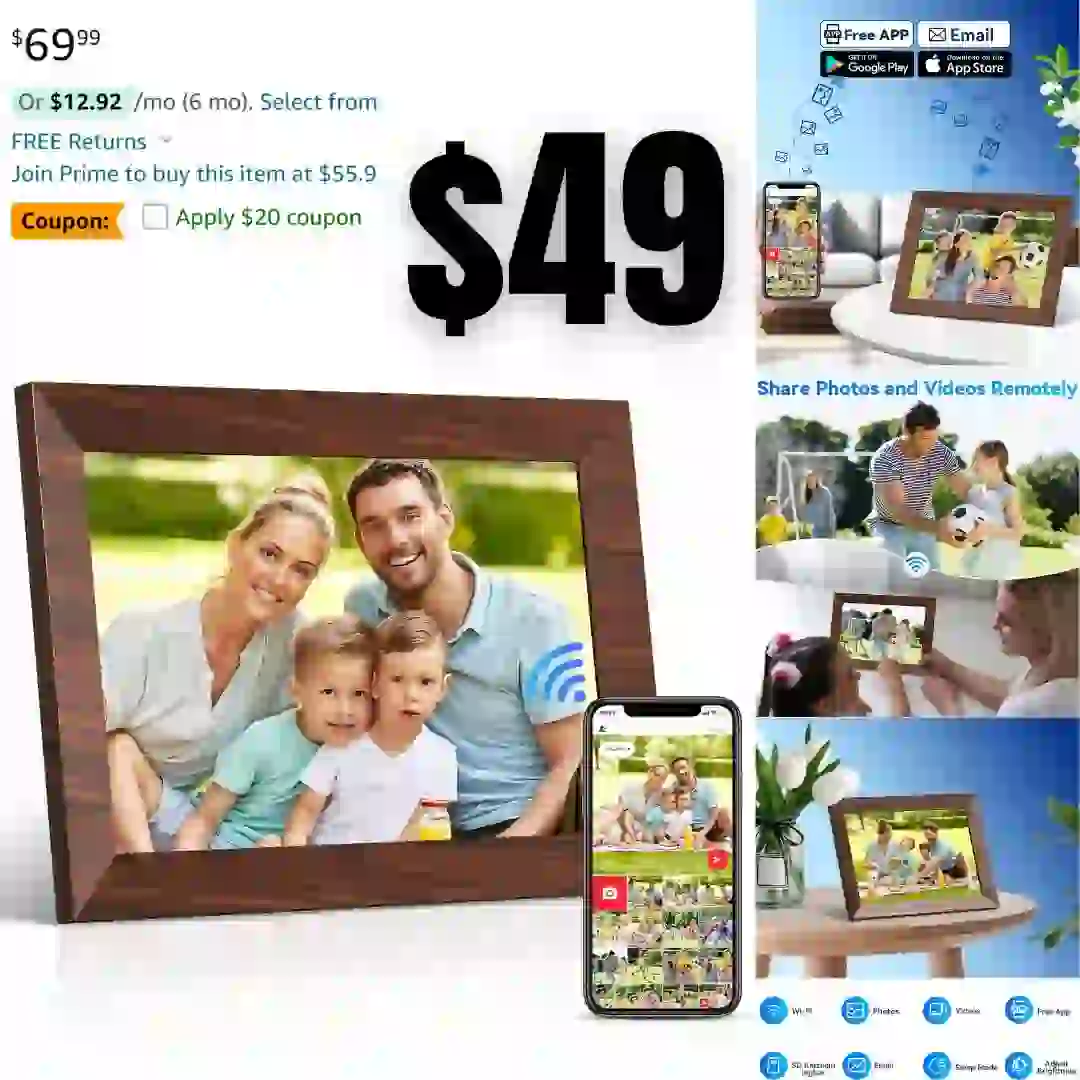 WiFi Digital Picture Frame, IPS Touch Screen Smart Cloud Photo Frame