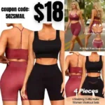 Workout Outfits Sets for Women 4 piece Seamless Backless Tank Sport Bra High Waist Short Yoga Gym Matching Active Set