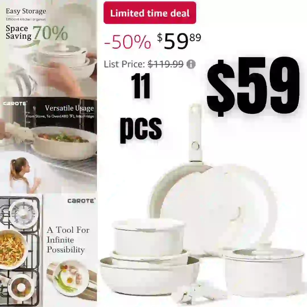 CAROTE 11pcs Pots and Pans Set, Nonstick Cookware Sets Detachable Handle